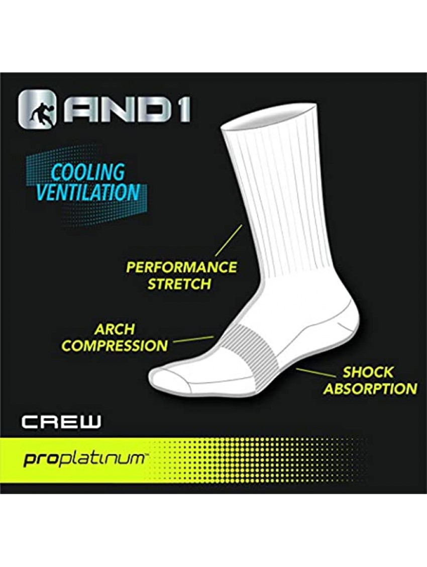 AND1 Men's Athletic Arch Compression Cushion Comfort Crew Socks 12 Pack
