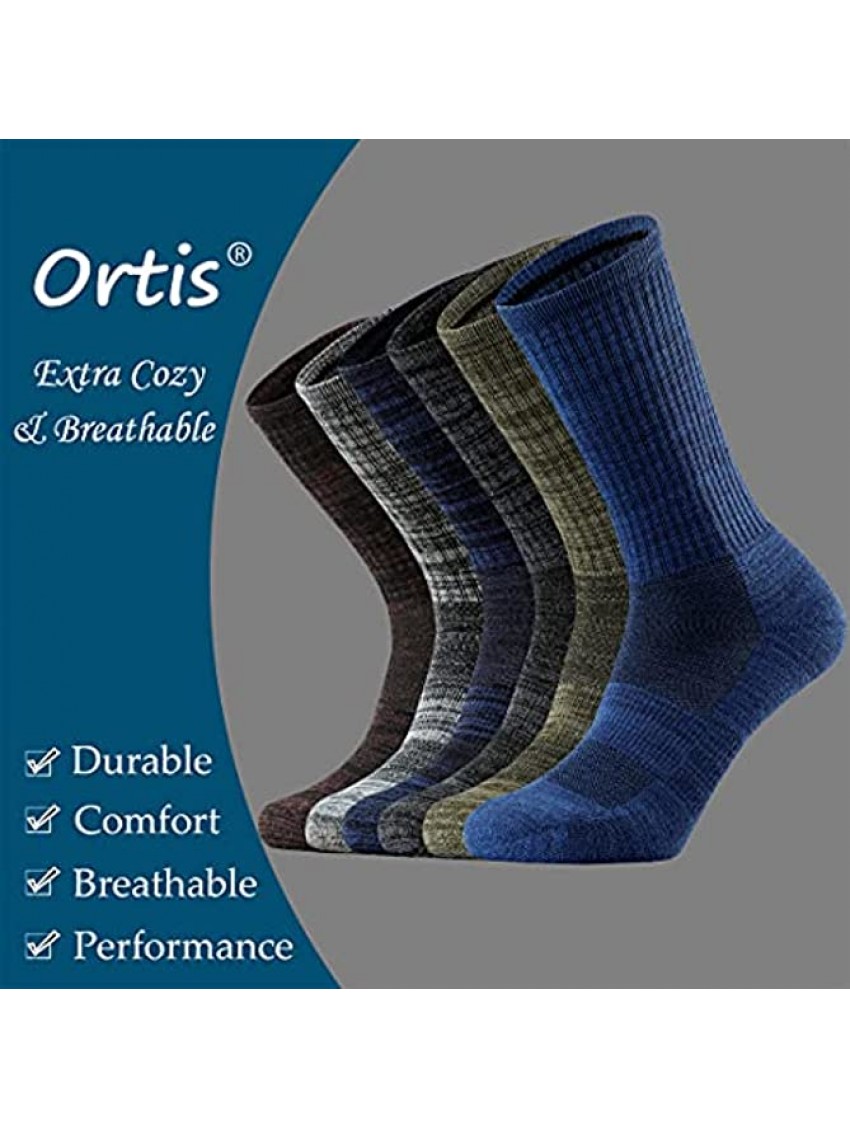 Ortis Men's Merino Wool Moisture Wicking Outdoor Hiking Cushion Crew Socks 4 Pack