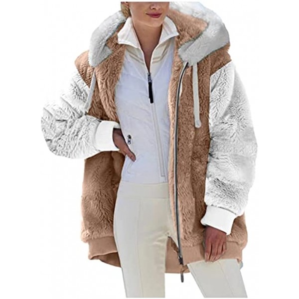 Contrasting Lamb Wool Padded Coat Womens Jacket Hooded Coat with Pockets,Winter Zipper Long Sleeve Warm Faux Outerwear