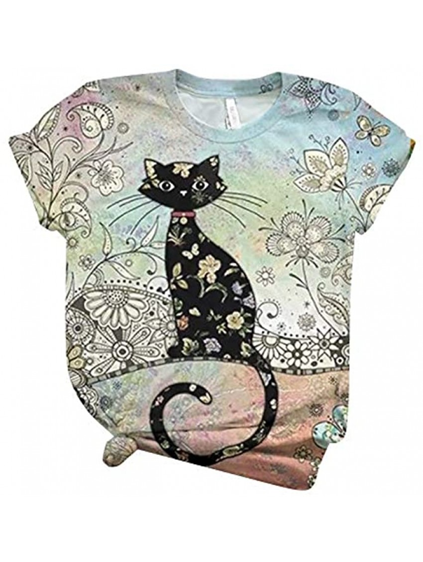 Cute Cat Pullover T-Shirt for Womens Novelty 3D Graphic Cat Print Casual Short Sleeve Plus Size Tee Tops Summer Blouse