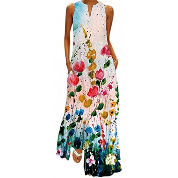 DZQUY Womens Boho Long Maxi Dress Vintage Floral Summer V Neck Plus Size Sleeveless Loose Beach Party Cami Tunic Dress