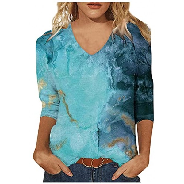 fartey 3 4 Sleeve Shirts for Women Fashion Abstract Printed Tops Casual V-Neck Tees Soft Loose Blouses