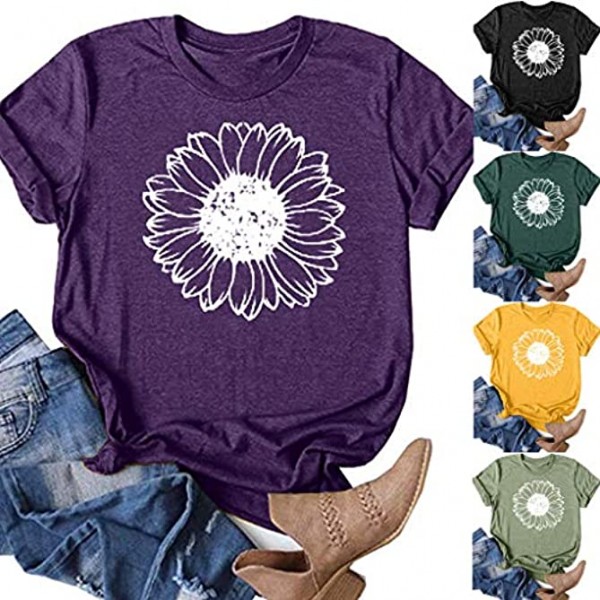 Fudule Womens Short Sleeve Tops,Summer Sunflower Print Tshirt Vintage Graphic Tee Shirt Casual Blouses Tunics Shirts