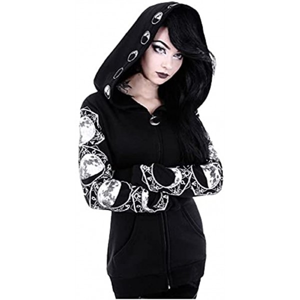 Gothic Punk Jackets for Women Zip Up Coat Y2K Vintage Graphic Tee Shirts Long Sleeve Black Fall Tunic Tops