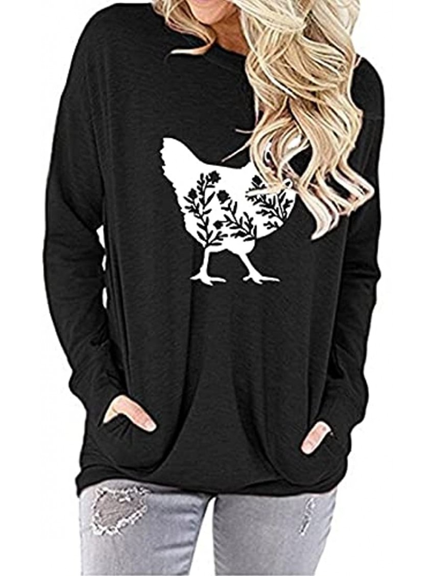 Graphic Tops for Women Long Sleeve Shirt Chicken Blouse Pocket Tunic Round Neck T Shirt Casual Pullover