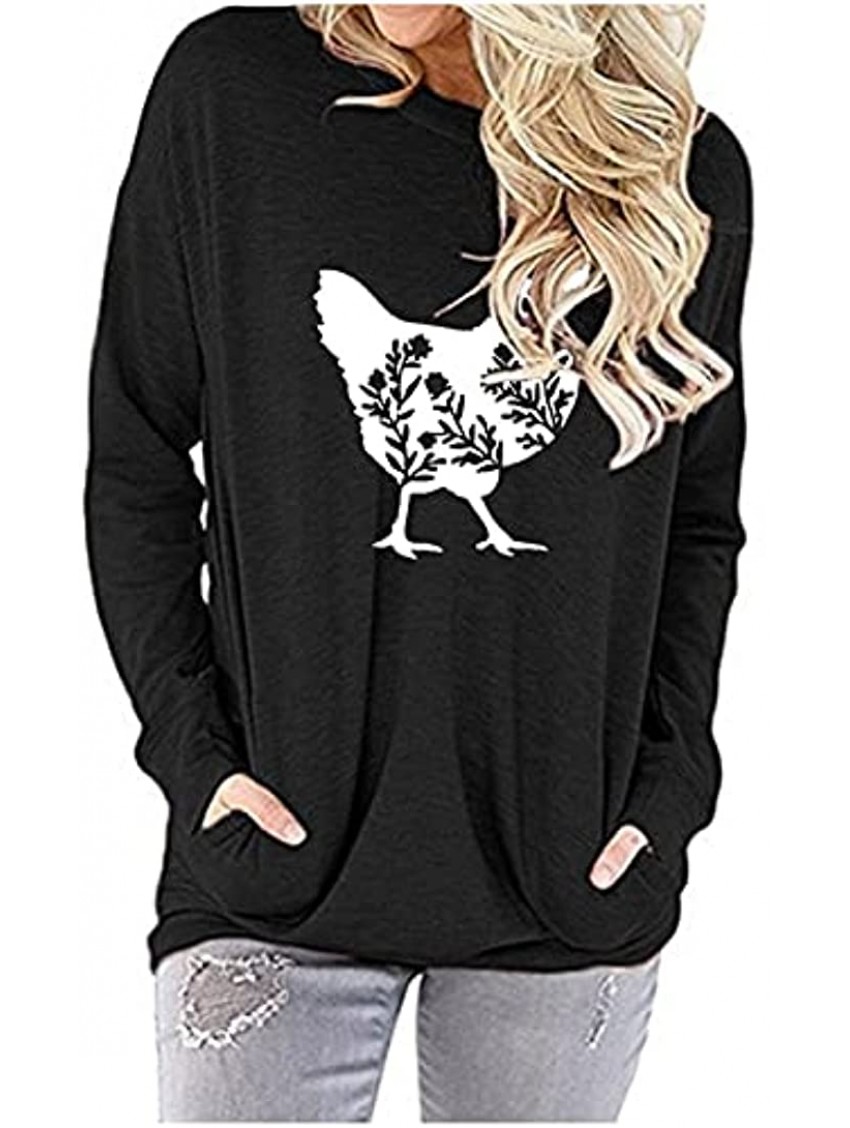 Graphic Tops for Women Long Sleeve Shirt Chicken Blouse Pocket Tunic Round Neck T Shirt Casual Pullover