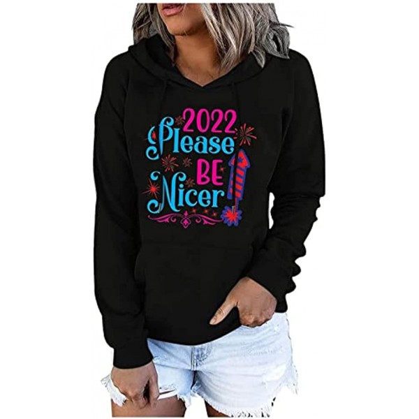 Kanzd 2022 Happy New Year Graphic Sweatshirts for Women Long Sleeve Fashion Trendy V Neck Hoodies Pullover Loose Blouse