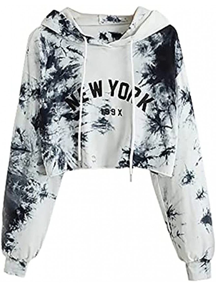 Kanzd Crop Tops Hoodies for Women Long Sleeve Sweatshirts Fashion Tie Dye New York Print Casual Pullover Shirt Blouse