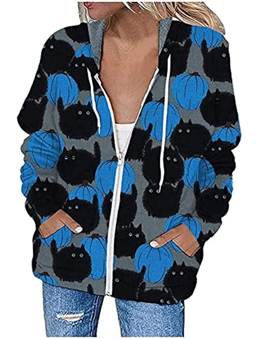 Kanzd Halloween Cute Cat Hoodies for Women Fashion Zip Up Sweatshirts Long Sleeve Lightweight Trendy Jacket Blouse Clothes