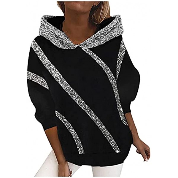 Kanzd Hoodies Blouse for Women Fashion Bling Sequins Long Sleeve Sweatshirts Pullover Casual Loose Fit Hooded Blouse