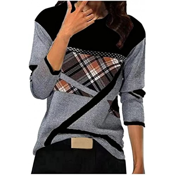 Kanzd Long Sleeve Shirts for Women Women's Geometric Print Round Neck Patchwork T-Shirt Tops Casual Color Block Loose fit Pullover Tee Shirts Blouse