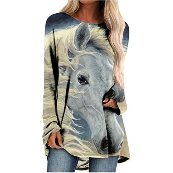 Kanzd Long Sleeve Shirts for Women Women's Horse Oil Printing Shirts Tops to Wear with Leggings Casual Spring Fall Crewneck Long Sleeved Long T-Shirt Tunic