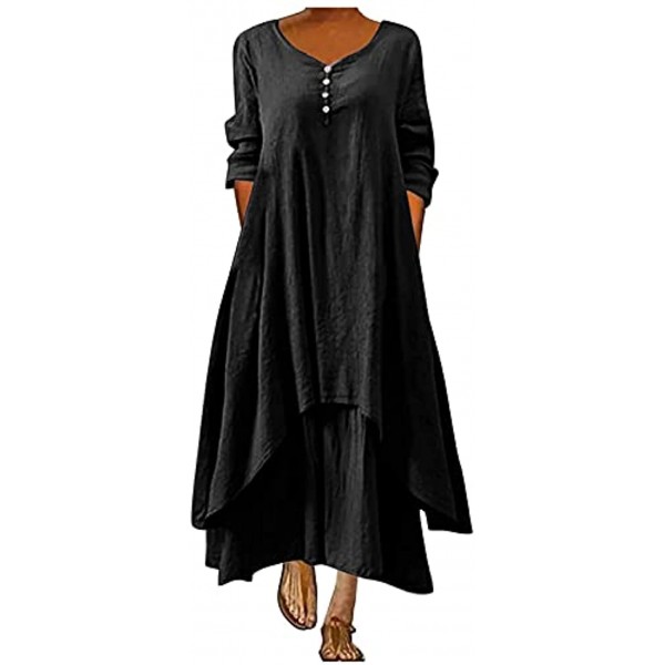Kanzd Plus Size Linen Dress for Women Vintage Button Down 3 4 Sleeve Maxi Dress Beach Casual Summer Sundress Tunic Dress