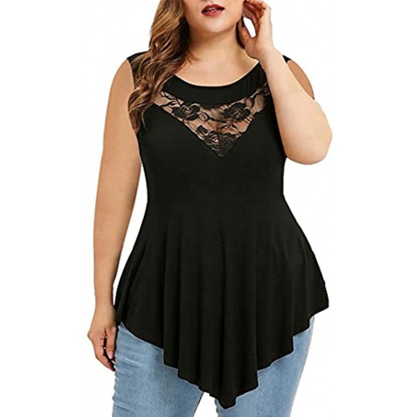 Kanzd Plus Size Tops for Women Floral Lace Mesh Asymmetric Cold Shoulder Short Sleeve Summer Tees T-Shirt V-Neck Tops