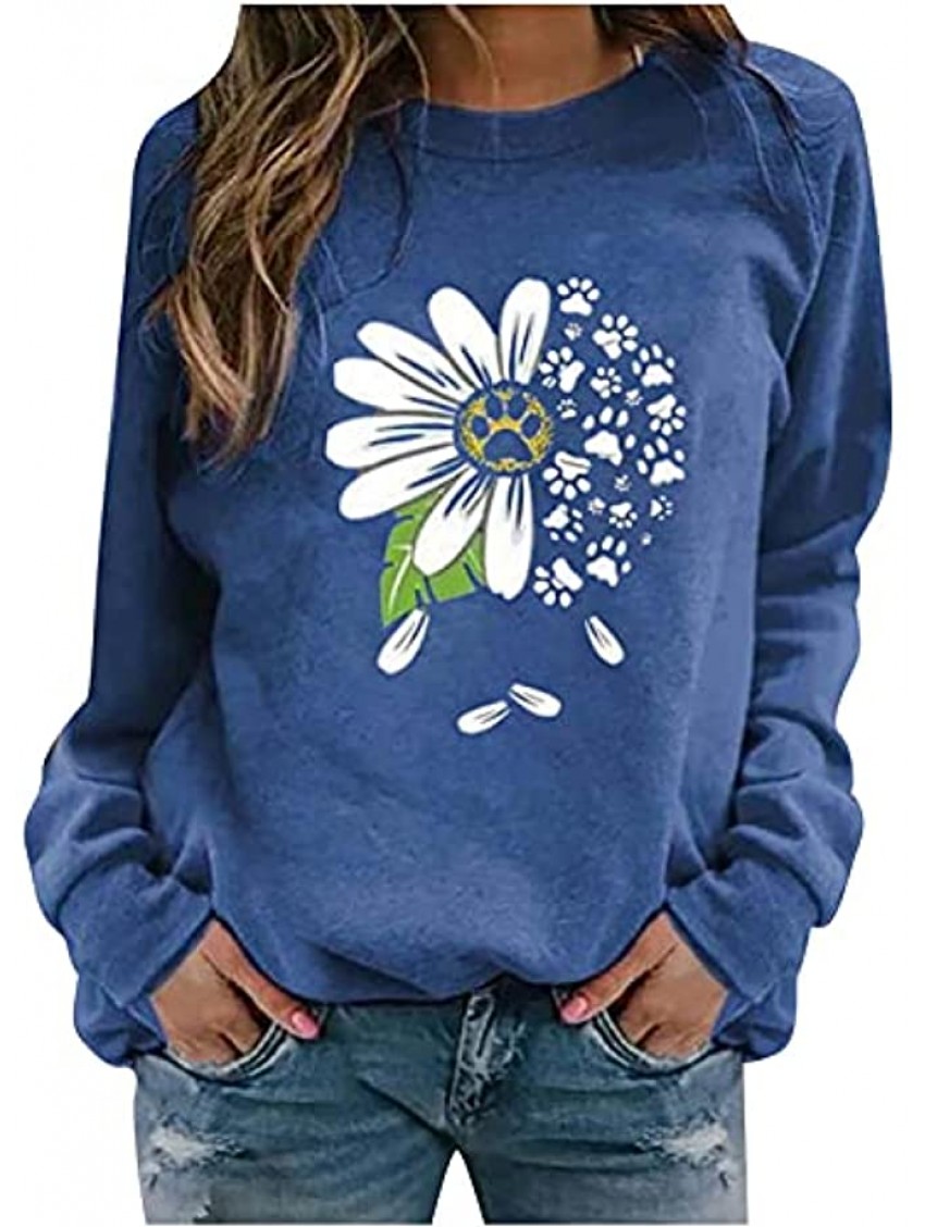 Kanzd Sweatshirts for Women Fashion Long Sleeve Cute Daisy Print Solid Hoodies Casual Crewneck Loose Ladies Pullover Blouse