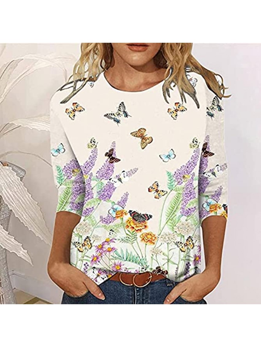 Kanzd Womens Tops 3 4 Sleeve Trendy Crewneck Shirts Casual Graphic T Shirts Loose Fit Tunic Shirts Fall Blouse Comfy Tops