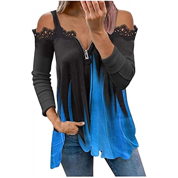Kanzd Womens Tops Fashion Long Sleeve Zipper Shirts V-Neck Lace Splicing T-Shirt Casual Trendy Flame Print Tunic Blouse