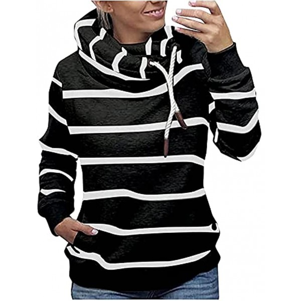 Long Sleeve Shirts for Women Trendy Fall Striped Print Turtleneck Sweaters Loose Fit Lightweight Hoodies with Pockets