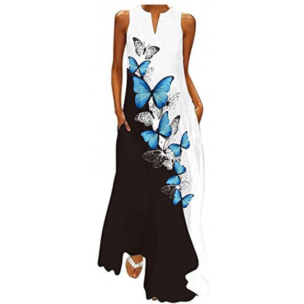 POTO Dresses for Women Butterfly Print Boho Sleeveless Maxi Dress Summer Tank Dress Vintage Casual Long Dress Plus Size