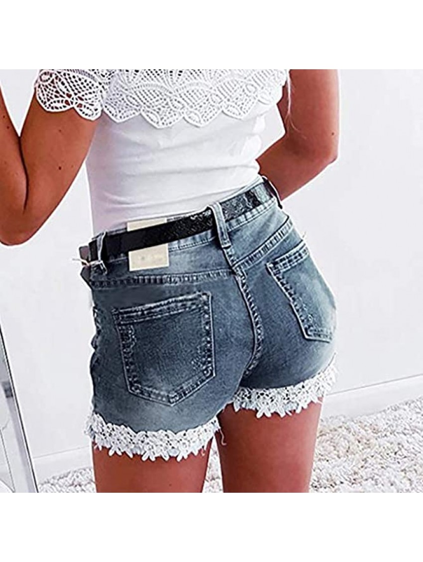 POTO Jean Shorts for Women Distressed Denim Shorts Lace Hem Casual Summer Beach Hot Short Pants Trousers