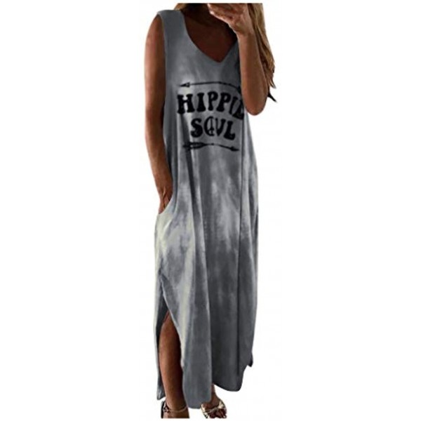 POTO Maxi Dress for Women Casual Summer Sleeveless Long Dress Hippie Soul Print T-Shirts Dress Beach Tunic Boho Sundress