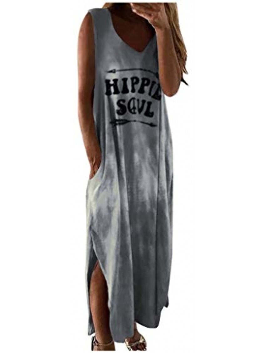 POTO Maxi Dress for Women Casual Summer Sleeveless Long Dress Hippie Soul Print T-Shirts Dress Beach Tunic Boho Sundress