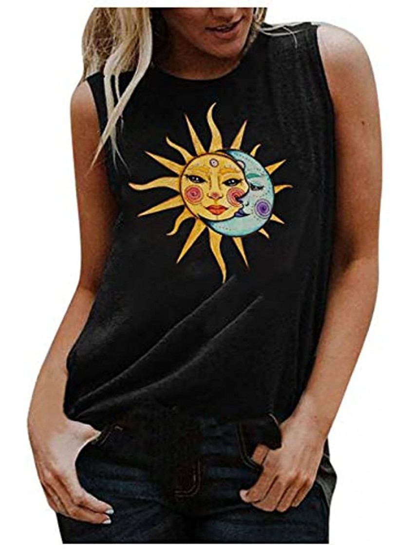 POTO Women Tank Tops Womens Vintage Sun Moon Graphic Sleeveless Tshirts Casual Summer Tops Blouses Vest Tunic Tees