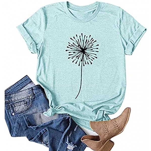 POTO Womens Short Sleeve Tops 2021 Fashion Womens Funny Graphic T-Shirts Casual Dandelion Printing O-Neck Blouse Tops