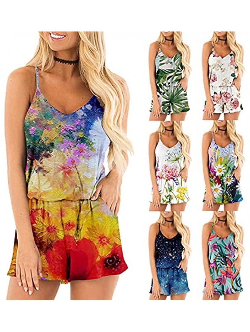SHOPESSA Women's Camisole Lounge Rompers Vintage Print Tropical Floral Sleeveless Tank Top Short Jumpsuit with Pockets