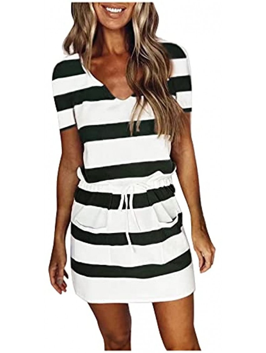 SHOPESSA Womens Summer Dresses Drawstring Elastic Waist Short Sleeve T-Shirt Mini Dress Lounge Casual Striped Tank Dress