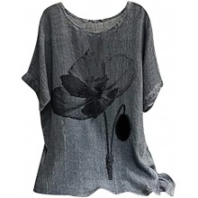 Summer Women Tunic Shirt Cotton Linen Blouse Oversized Short Sleeve Tee Tops Flower Round Neck Loose Pullover