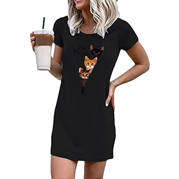 Tshirt Dresses for Women Creative Cat Zipper Print Round Neck Short Sleeve Mini Dress Summer Casual Short Dresses