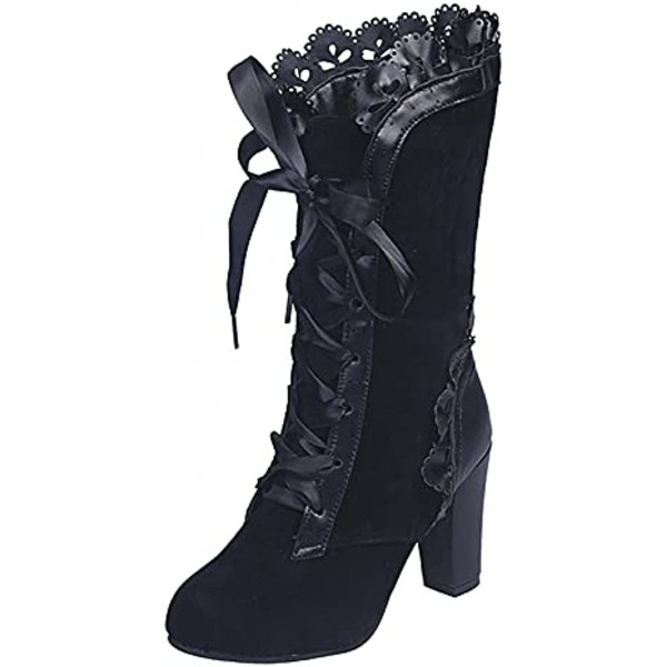 Western Boots for Women Goth Sweet Bow Knee High Boots High Heels Vintage Lace Up Studded Chunky Platform Witch Boot