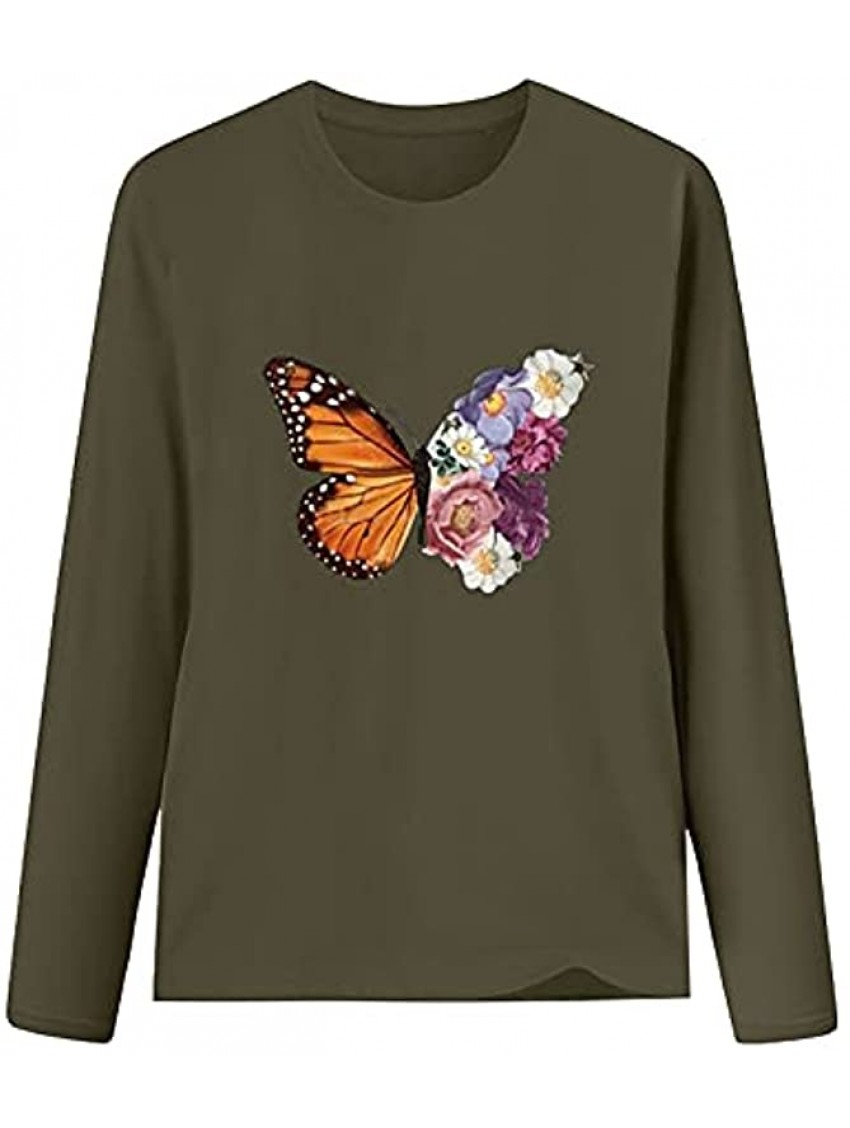 Women Blouse Graphic Tops Butterfly Shirt Long Sleeve T Shirt Round Neck Tunic Print Tees Casual T Shirt