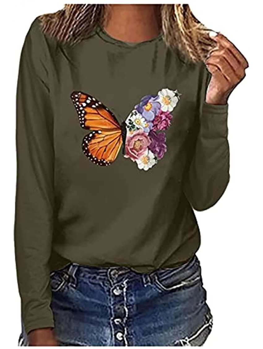 Women Blouse Graphic Tops Butterfly Shirt Long Sleeve T Shirt Round Neck Tunic Print Tees Casual T Shirt