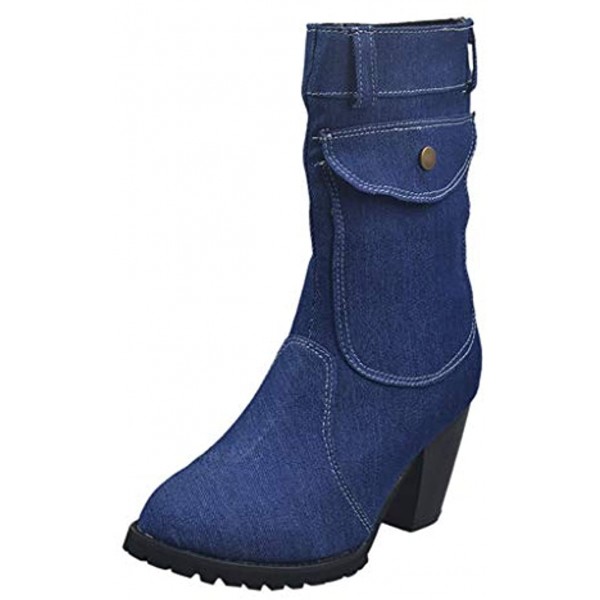 Women Denim Platform High Heels Wide Calf Chunky Stacked Lug Round Toe Ankle Booties Punk Knight Boots Combat Shoes