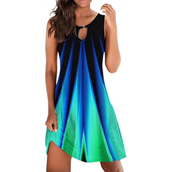 Women Summer Casual Dress Sleeveless Rainbow Printed Print Hollow Out V-Neck Sundress Loose Beach Mini Dress