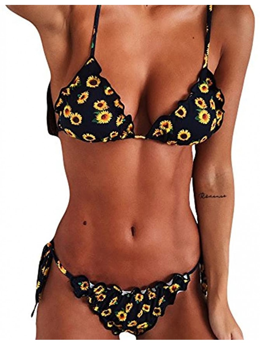Women's Bathing Suits Sunflower Ruffle Trim Triangle Bikini Swimsuit Floral String Brazilian Bikini