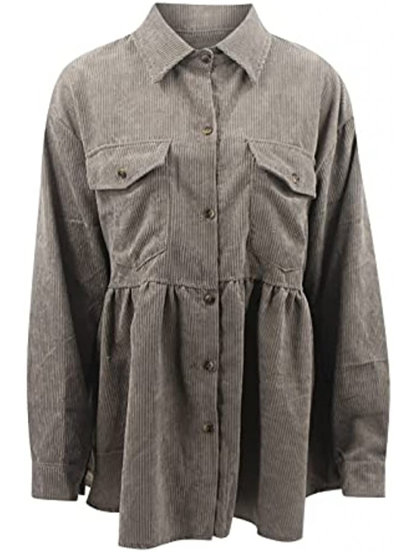 Womens Corduroy Shirts Casual Long Sleeve Button Down Shacket Jackets High Low Hem Ruffle Peplum Tops Coats