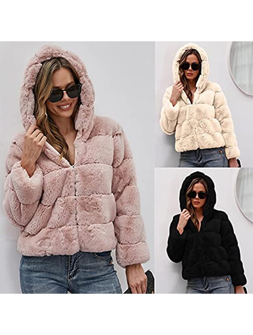 Women's Faux Fur Fuzzy Coats Winter Fleece Crop Tops Full Zip Warm Jackets Fashion Sweater with Hood