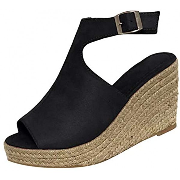 Womens Wedge Sandals Platform Ankle Strap Wedge Sandals Open Toe Casual Summer Straw Woven Classic Wedge Sandals