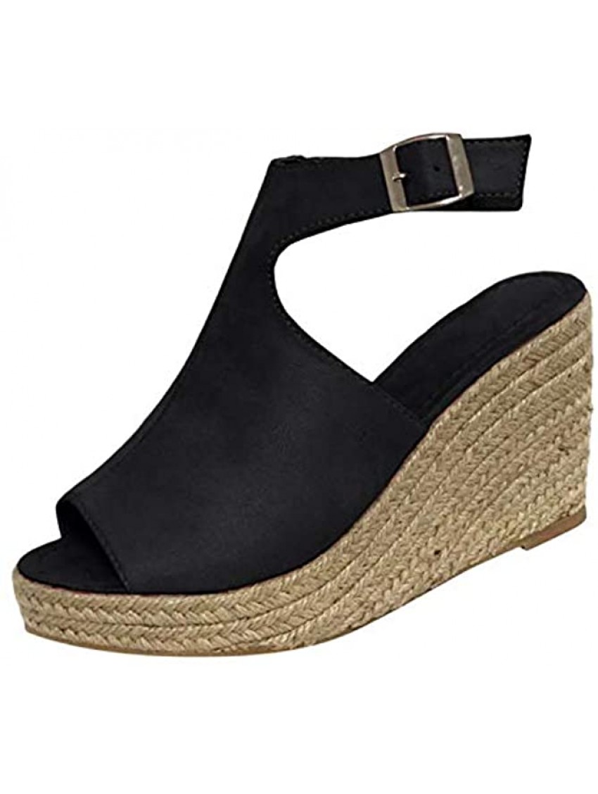 Womens Wedge Sandals Platform Ankle Strap Wedge Sandals Open Toe Casual Summer Straw Woven Classic Wedge Sandals