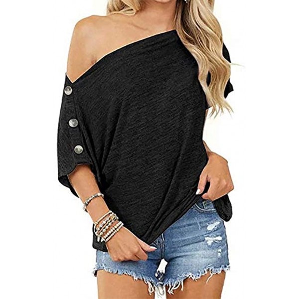 YSLMNOR Off Shoulder Tops for Womens Solid Color Tshirts Button Short Sleeve Blouse Casual Tees