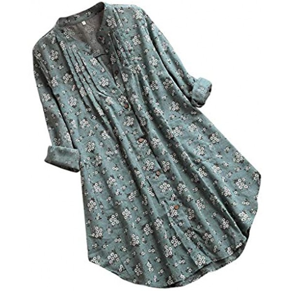 YSLMNOR Plus Size Blouses for Womens Summer Floral Print Shirts V Neck Long Sleeve Tunic Button Tops