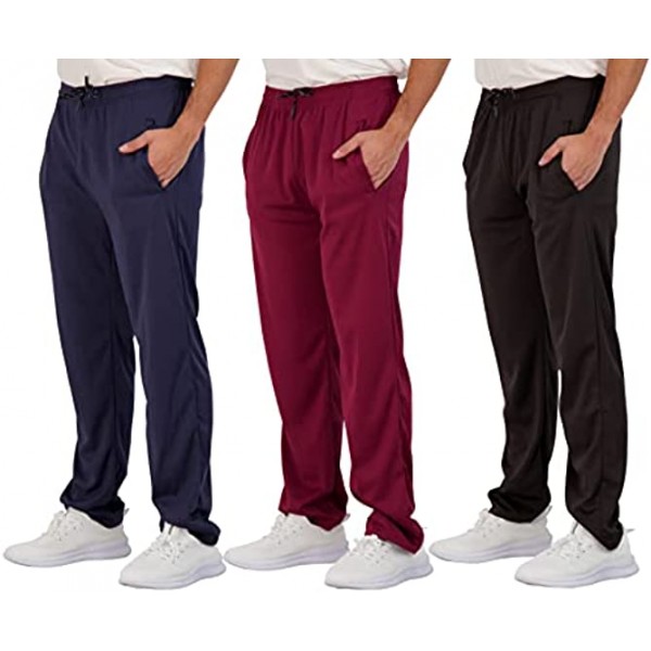 Real Essentials 3 Pack: Men's Tech Mesh Athletic Gym Workout Lounge Open Bottom Sweatpants with Pockets