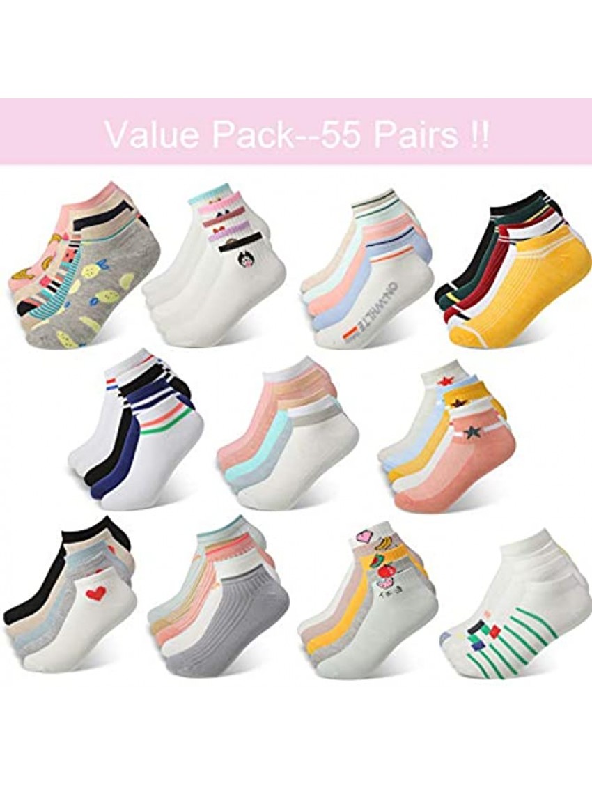 55 Pairs Women Athletic Ankle Socks Low Cut Sport Socks Invisible Casual Running Socks Women Socks Set for Outdoor Activities 55 Designs