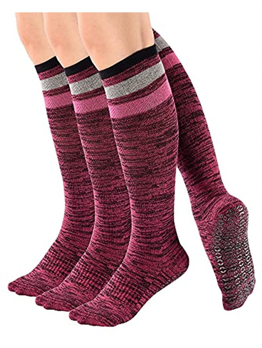 Women's 3 Pairs Purple Anti Skid Non Slip Odor Control Grips Compression Knee High Yoga Pilate Fitness Socks Stocking,Size 5-10