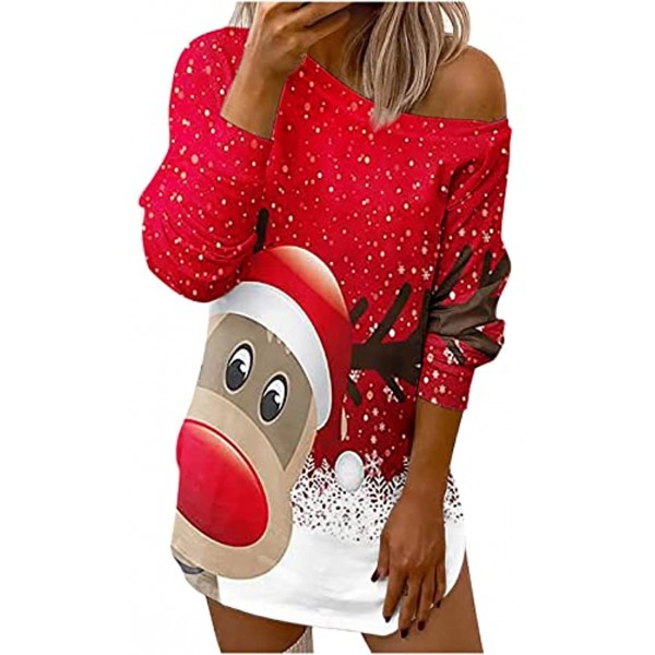 Christmas Long Sweatshirt Womens Long Sleeve Dress Cold Shoulder Fashion Shirts Xmas Snowflake Graphic Tops
