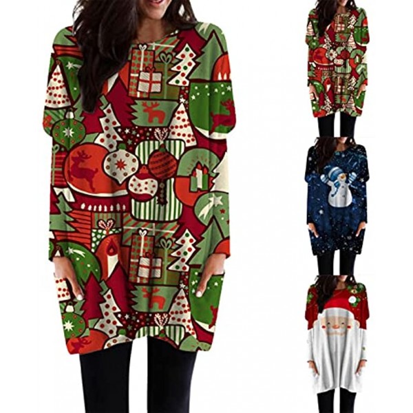 JEGULV Long Sleeve Shirts for Women 2021 Fashion Christmas Print Pullover Long Tunic Tops to Wear with Leggings Pocket Blouse