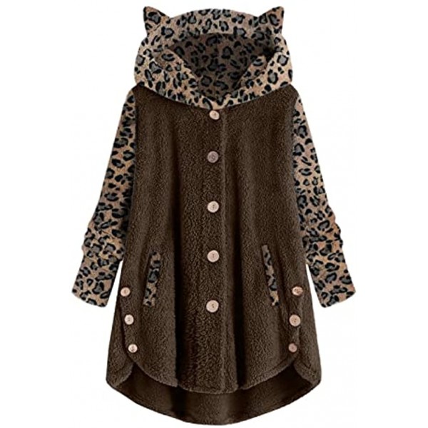 Winter Coats for Women Fleece Faux Fur Hoodie Long Sleeve Leopard Print Jacket Button Fluffy Pullover Outerwear